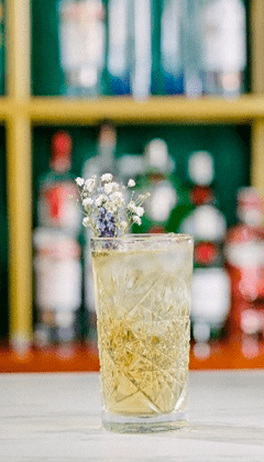 coctel para fiestas navidenas decorado con una flor comestible 