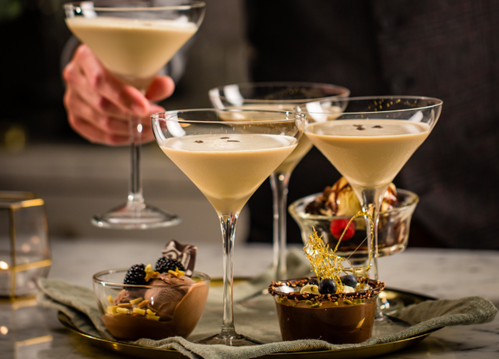 Tray of Espresso Martinis and chocolate desserts