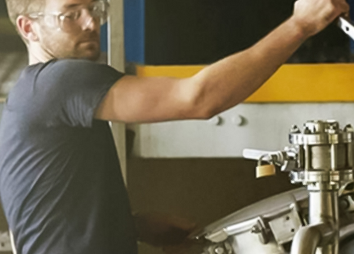 Man wearing safety goggles pulling a lever on a beer brewing machine