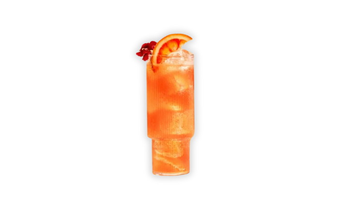 Whisky em copo alto cheio de gelo e suco de cranberry, refrigerante e guarnição de laranja