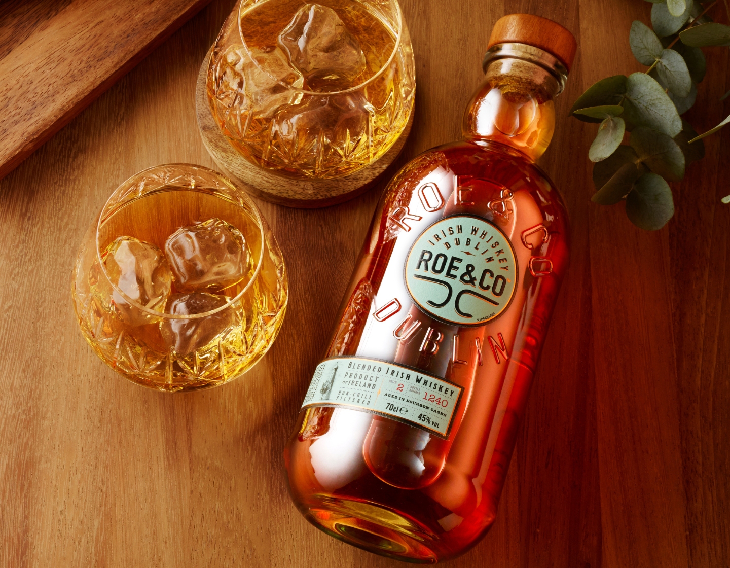 Roe & Co bottle with two neat serves.