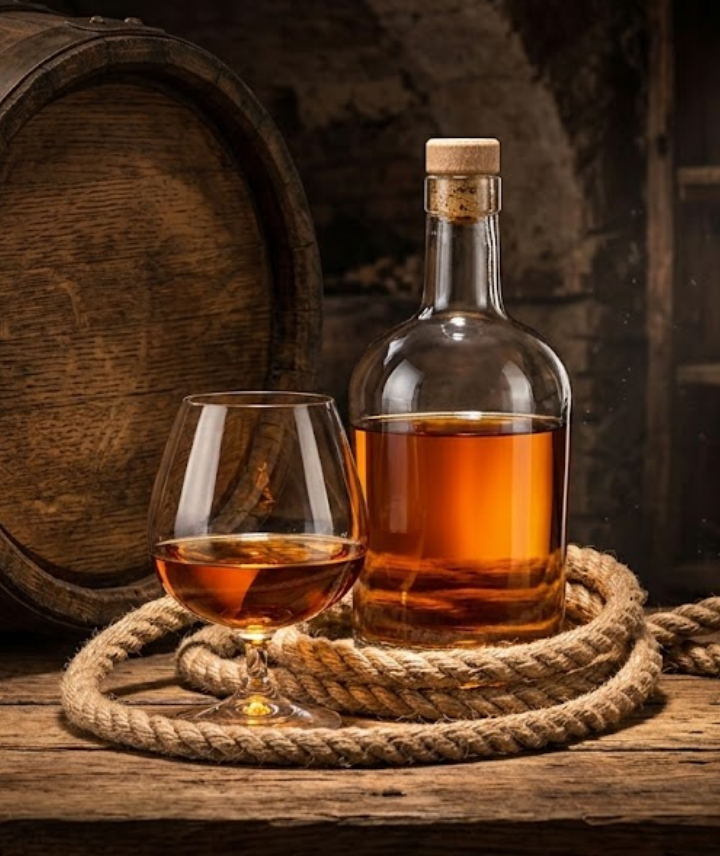 Garrafa arrolhada e taça com bebida âmbar sobre uma mesa de madeira rústica. Uma corda grossa está enrolada na base dos recipientes. Ao fundo, um barril de carvalho compõe o cenário escuro e aconchegante de uma adega.