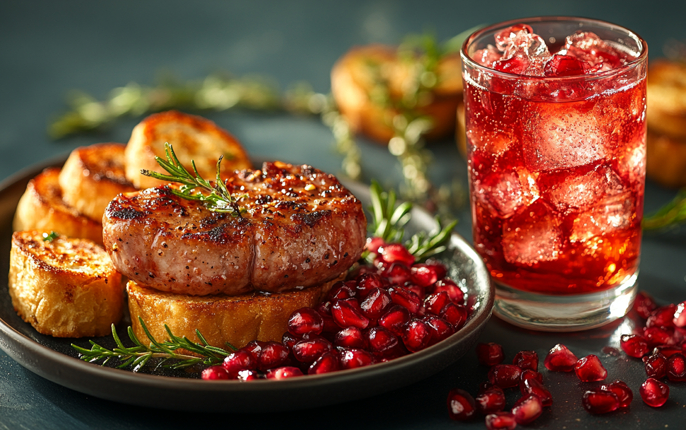 Montadito de solomillo de cerdo y frutos rojos con Bourbon y granada