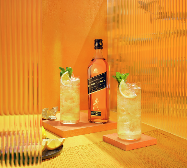 Johnnie Walker Black highball with orange slice 