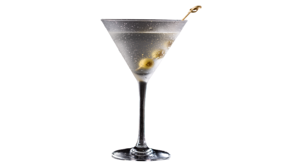 Taça clássica de martini com gotas de condensação contendo um coquetel transparente. A bebida é decorada com três azeitonas verdes espetadas em um palito que repousa na borda. Fundo branco isolado.