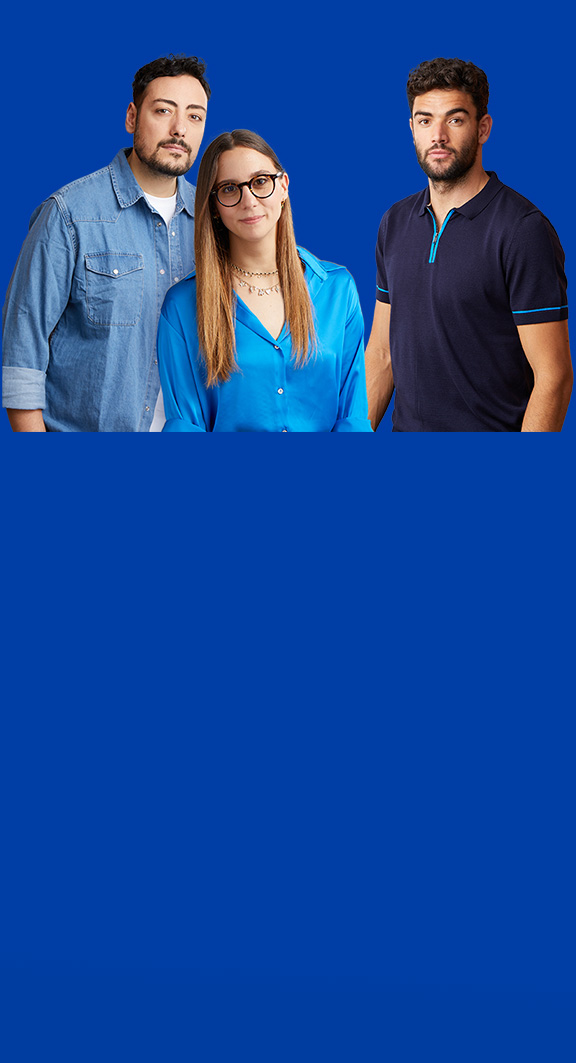 tre ambasciatori del marchio H&S su sfondo blu 