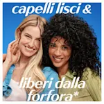 Due donne sorridenti con capelli lisci e ricci, che esaltano il beneficio liberi dalla forfora.