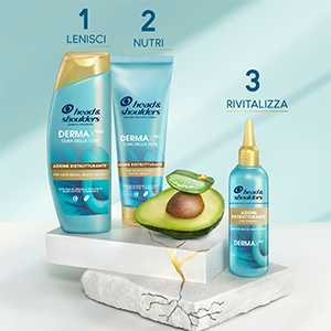 H&S Derma X Pro Azione Ristrutturante: flaconi di shampoo, balsamo e mschera, accanto a pezzi di aloe e cactus