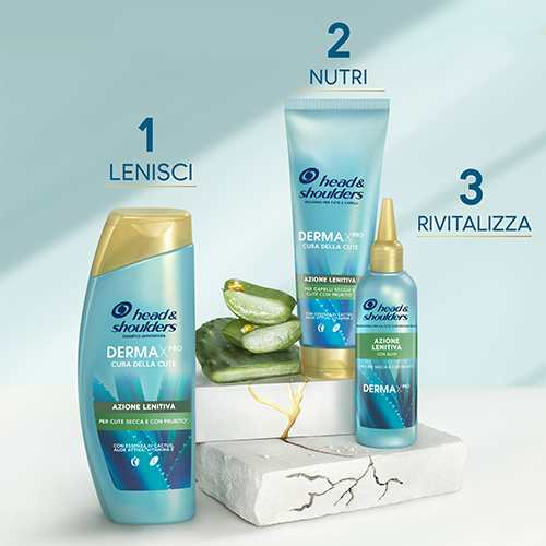H&S Derma X Pro Azione Lentiva: flaconi di shampoo, balsamo e mschera, accanto a pezzi di aloe e cactus