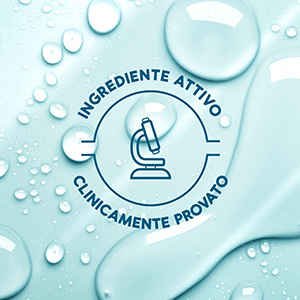 Logo "Clinicamente provato" su sfondo azzurro con gocce d'acqua su di esso