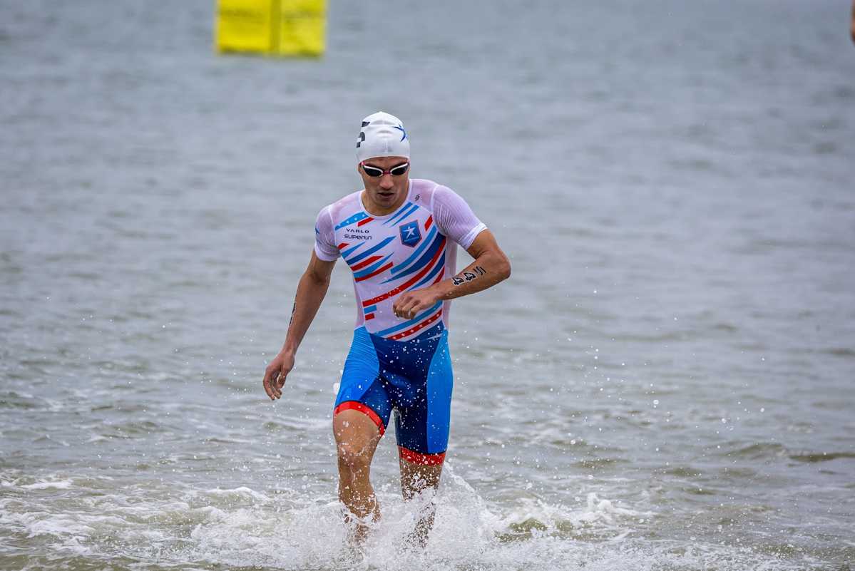 Vasco Vilaca exiting the swim at supertri Boston