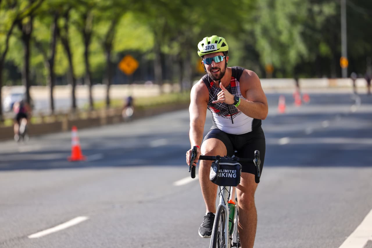 A man cycling at the Chicago Triathlon 