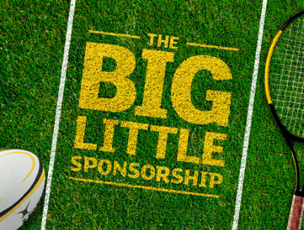The Big Little Sponsorship logo in yellow on green turf, including a football and tennis racket
