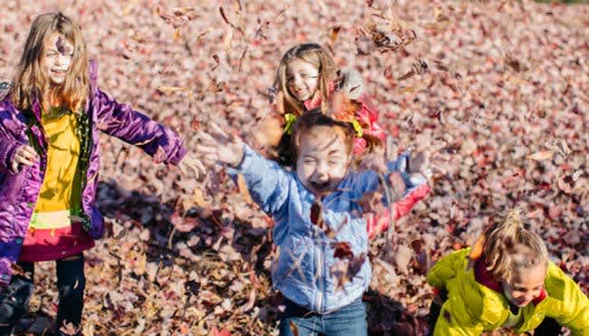 kids playing in fall leaves