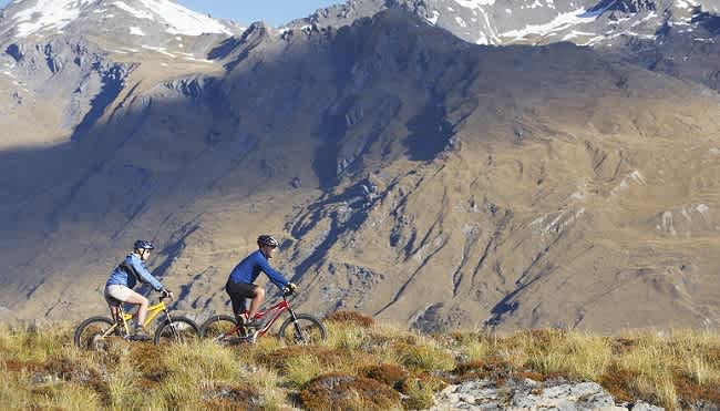 Two mountain bikers riding through tussock across a dramatic New Zealand mountain landscape.