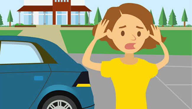 Colourful illustration of a concerned woman near a car.