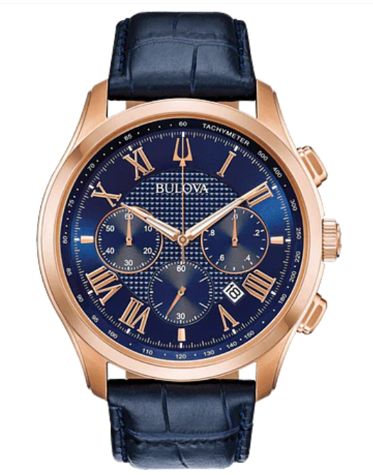 Bulova Wilton Men's Rose Gold Blue Dial Leather Watch 97B170