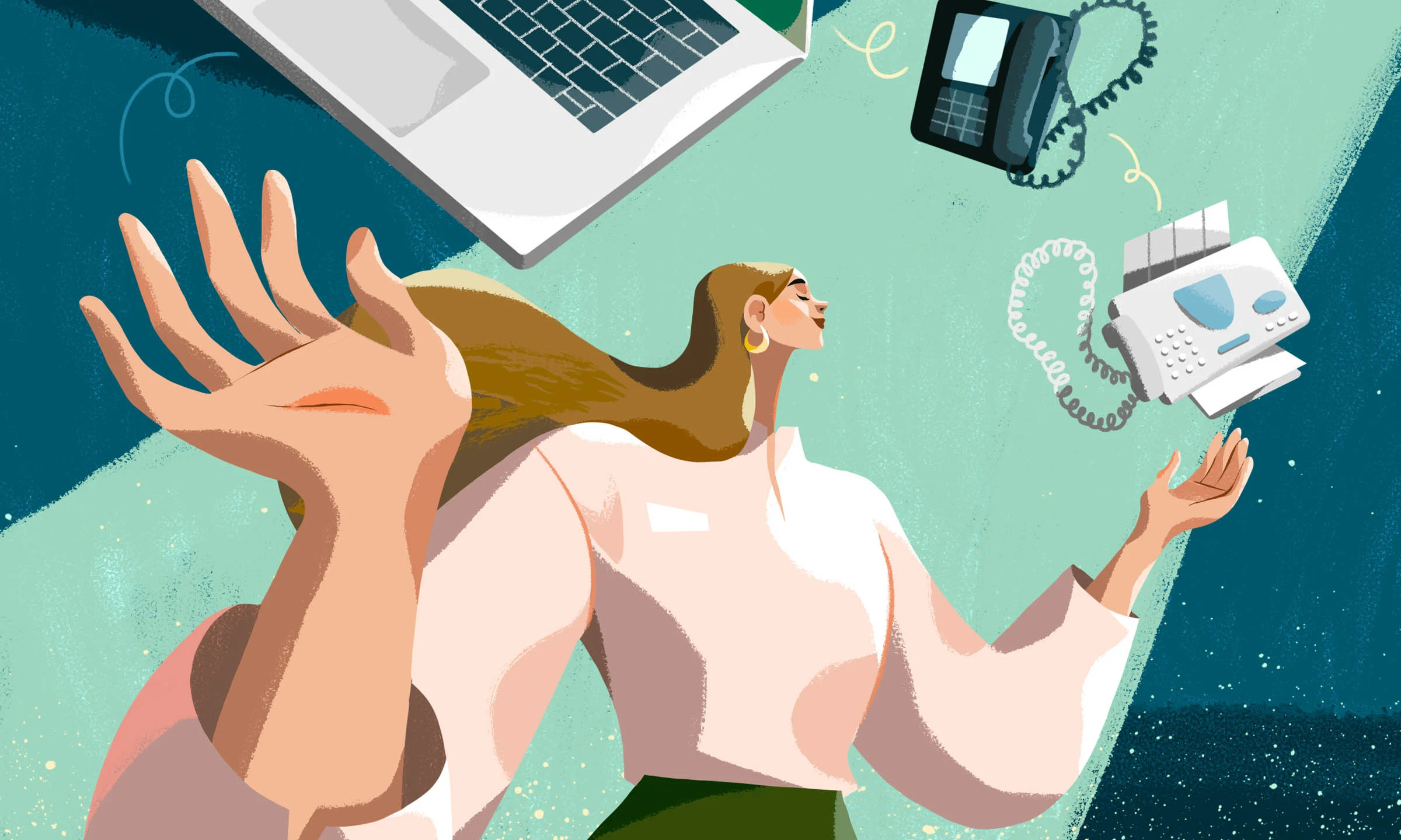 Illustration of a woman surrounded by a fax machine, telephone and computer keyboard