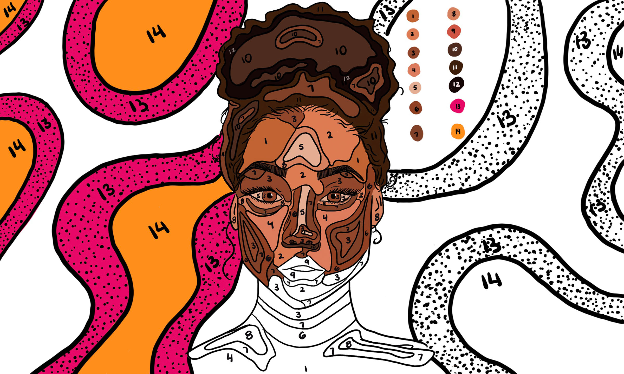 An illustration of a woman depicted in a paint-by-numbers fashion, with half of her face colored in and half not — a metaphor to describe the lack of information some providers have with patients and prescriptions.