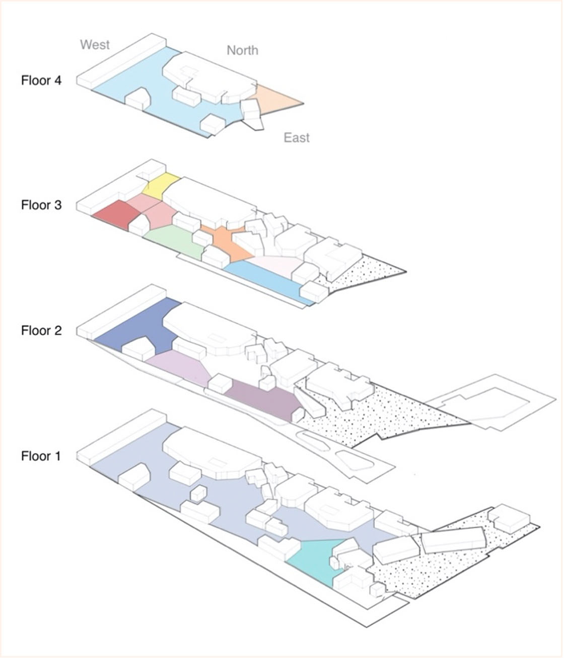 A floor-by-floor cutaway rindering showing neighborhood layouts.