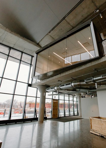 A photo of a large meeting room located inside the CoverMyMeds campus.