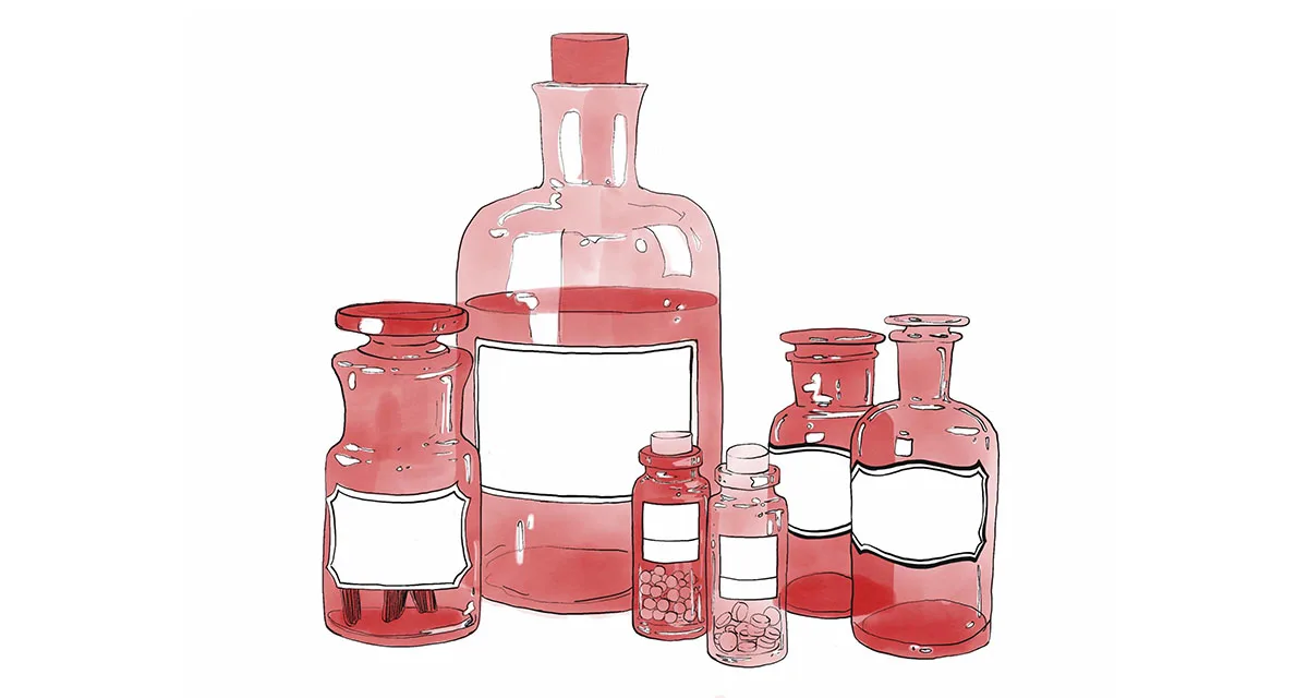 Illustration of multiple red vintage bottles