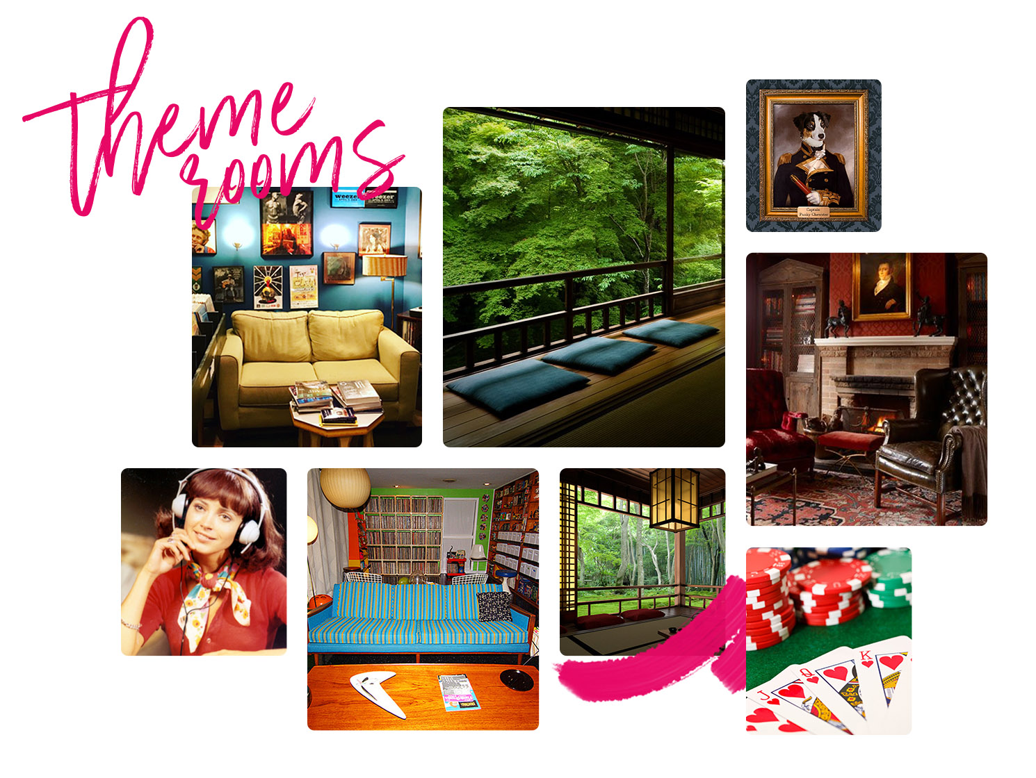 A collage of photos used for inspiration for the theme rooms on campus. 