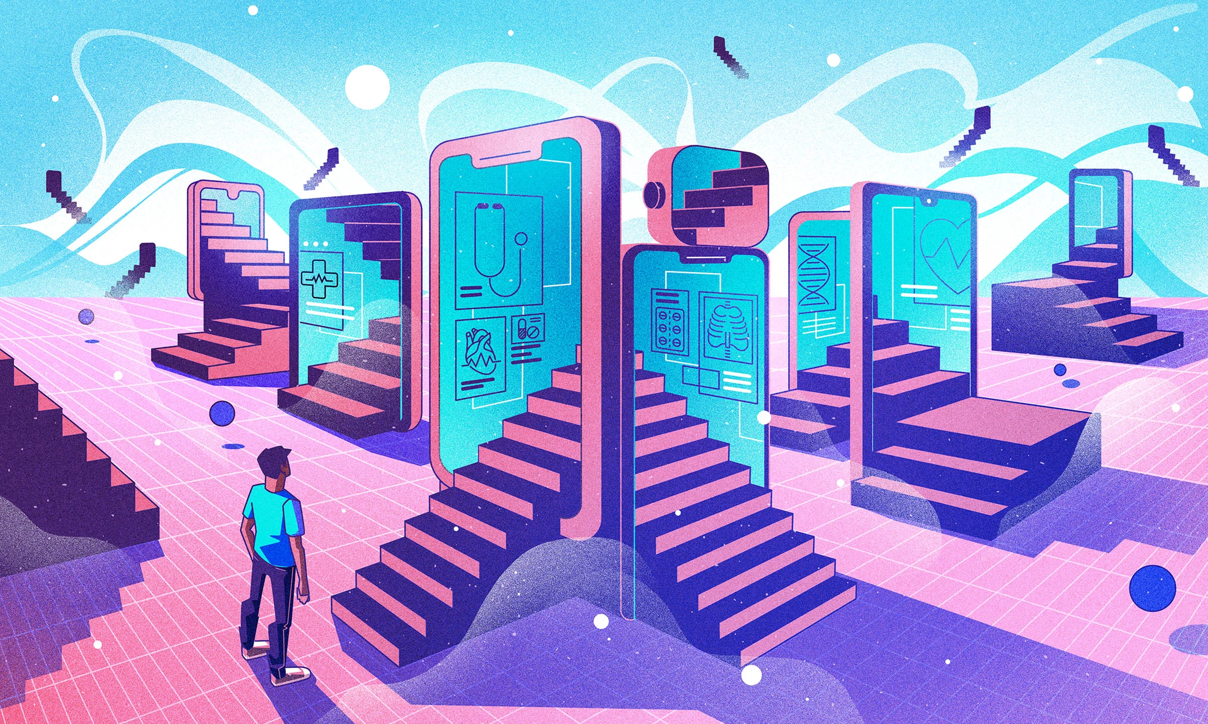 Illustration evoking smartphones and healthcare; a patient climbs stairs into the digital future