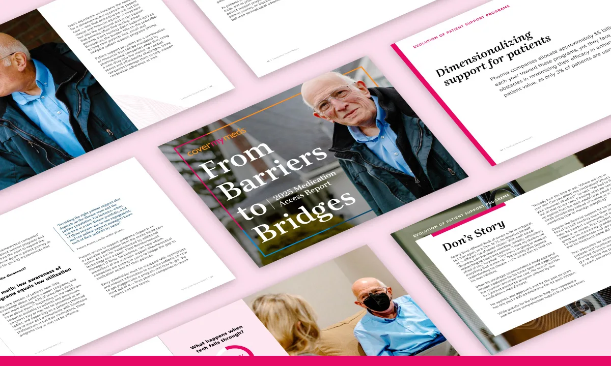 Decorative image of a senior patient on the cover of the printed Medication Access Report from CoverMyMeds.