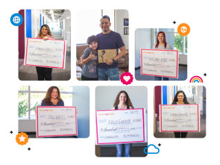 Collage of six CMQ winners smiling with their checks