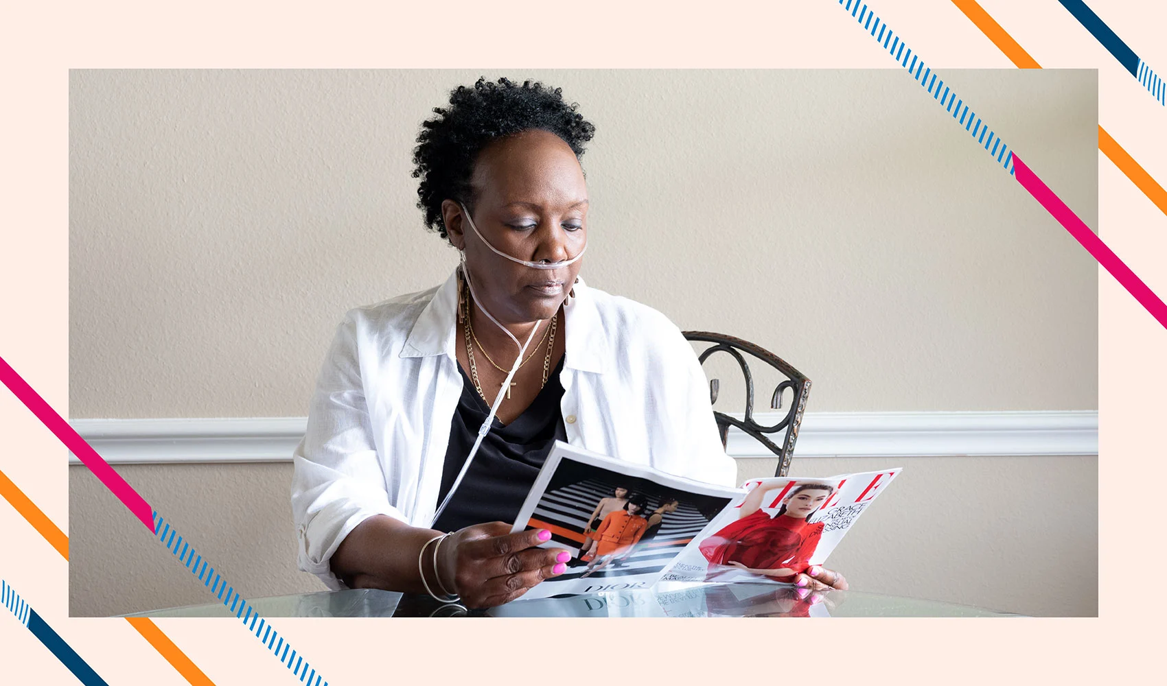 Jeannine with oxygen tubes in, reading a magazine in the adherence header image