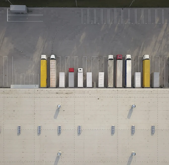 Overhead view of trucks parked