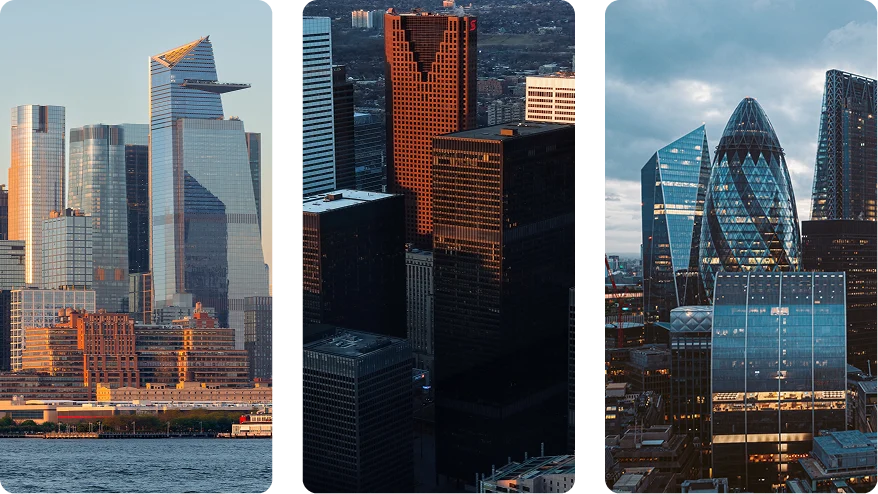 City image from New York, Toronto and London.