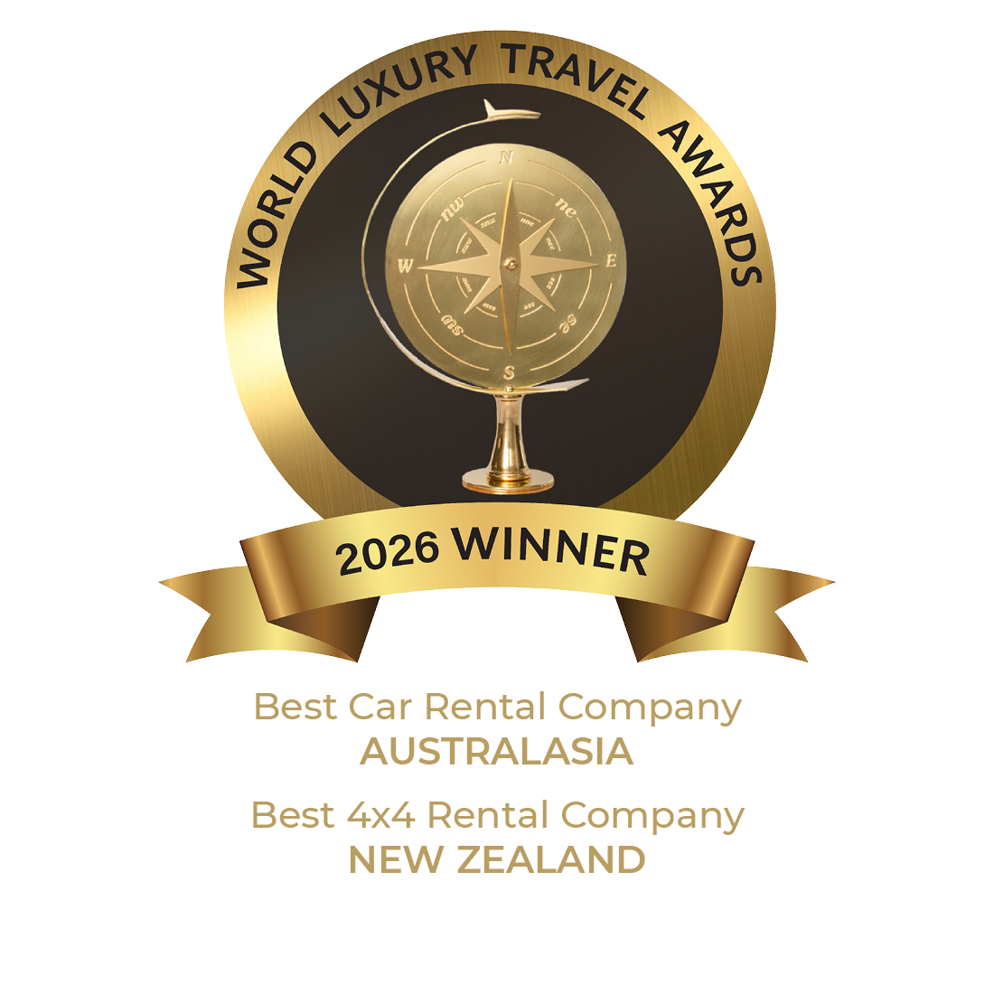 Apolicar 2026 World Luxury Travel Awards winner badge — Best 4x4 Rental Company New Zealand and Best Car Rental Company Australasia