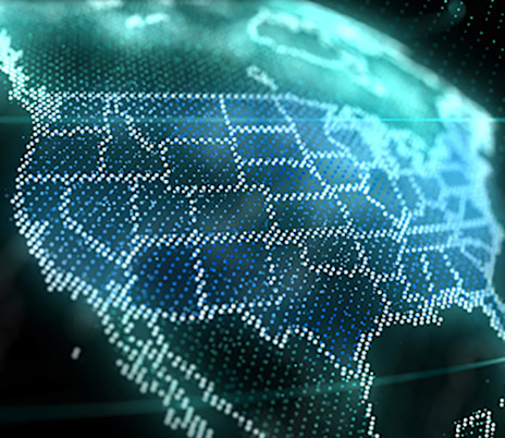 Futuristic representation of the United States map composed of glowing blue and white dots, highlighting state boundaries with a high-tech, data visualization style on a dark background