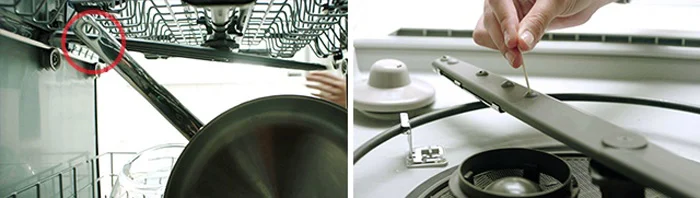 Vérification de l'absence d'obstructions dans les bras gicleur du lave-vaisselle