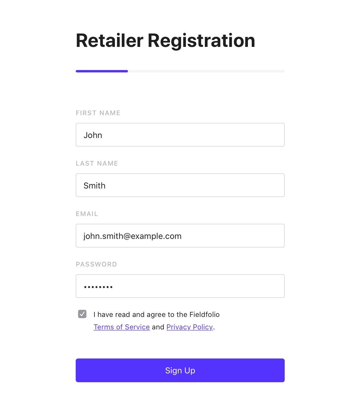 Retailer registration screenshot - signup
