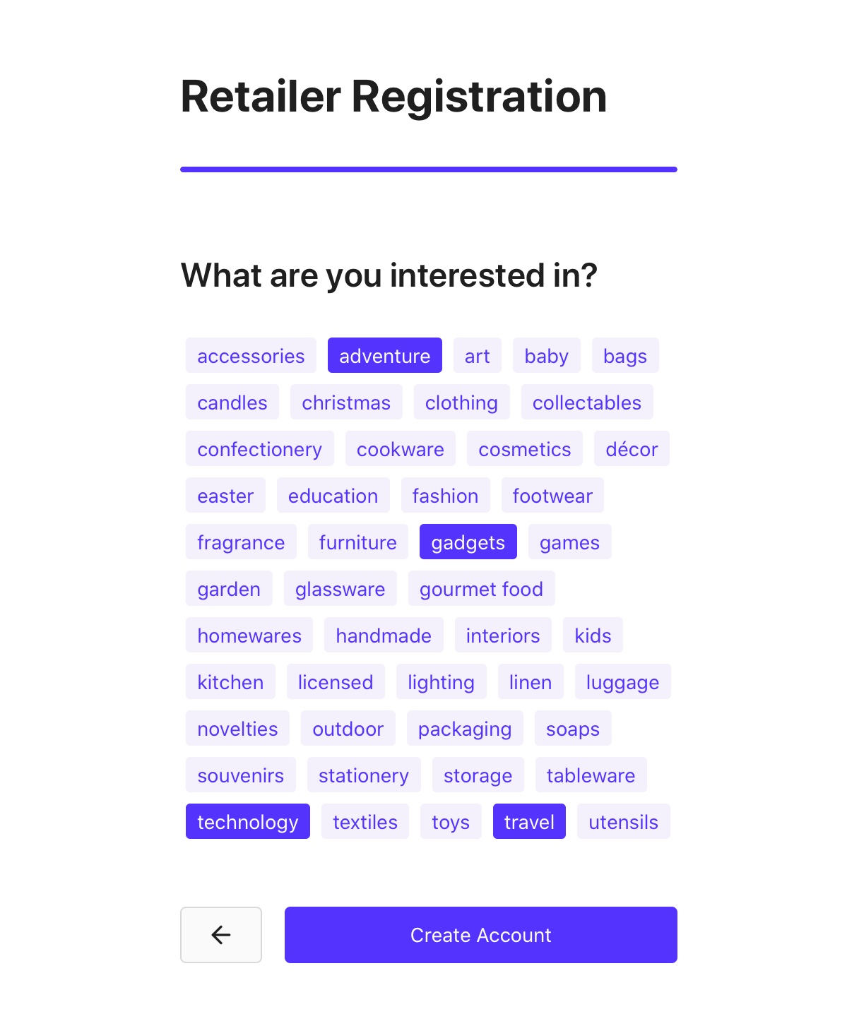 Retailer registration screenshot - department preferences