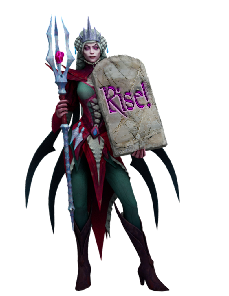 A dark sorceress holding a tombstone that reads, "Rise!"