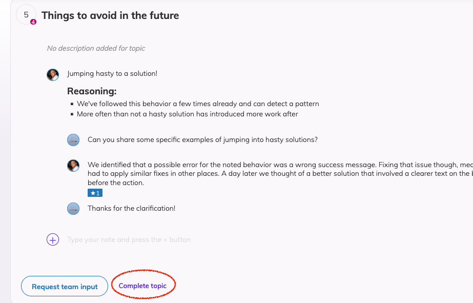 An expanded topic card in the Agenda meeting interface, two options are visible on the bottom left of the card, one being Request team input as a button, and a link to Complete topic