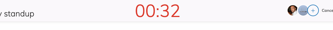 View of the header for a daily standup. There is a time indicator that is counting up with red color to indicate that the roundup is eating up more time.