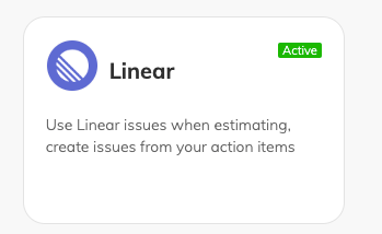 Card for the Linear integration having an ACTIVE tag on the top right, signifying that the integration is activated