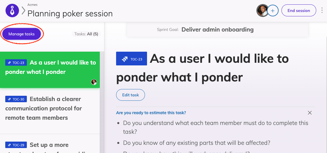 Preview of a planning poker meeting with tasks added in the list. There is a circle highlighting the Manage tasks button