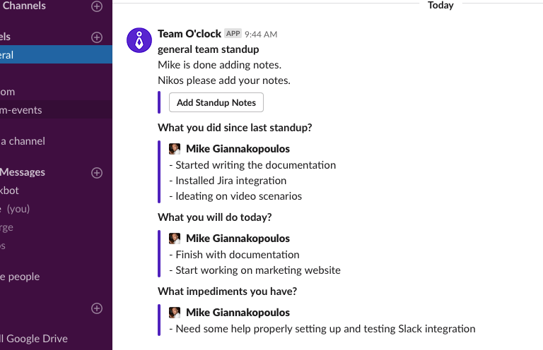 A Slack team channel with a Team O'clock post for standup containing a member's notes.