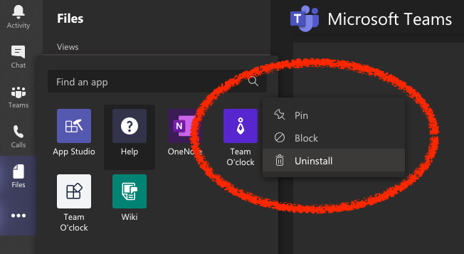 Microsoft Teams apps interface with the Team O'clock app selected and the option to uninstall visible