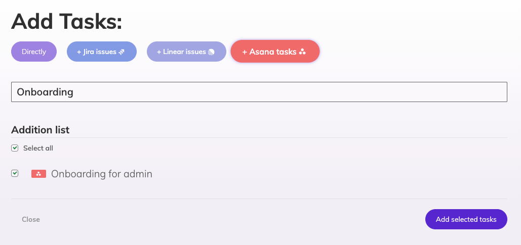 Preview of the Manage tasks in planning poker with Asana selected. There is one task found for the search term Welcome, that task is selected and there is a button reading Add selected tasks