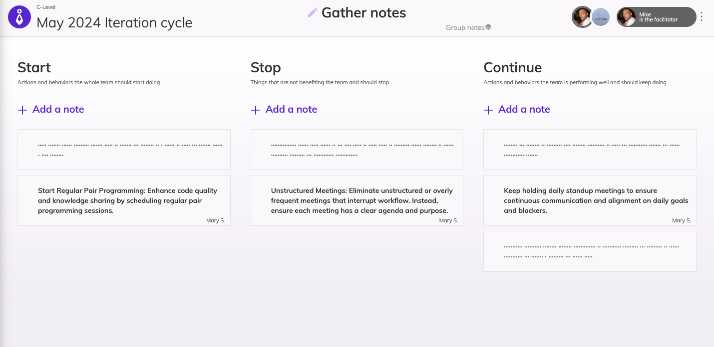 Retrospective meeting interface in gather notes stage, 7 notes are added in the three columns of a Start,Stop,Continue activity with 3 of the notes being readable, while the remaining 4 are displaying letters as dots