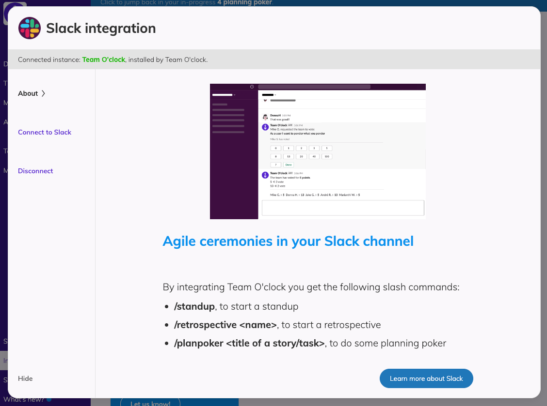 The Slack integration modal showcasing an image preview of how the integration works and the benefits of installing this integration