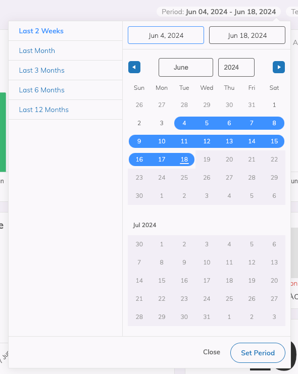 The Team O`clock metrics date picker with quick options for last 2 weeks, three, six, nine, and twelve months and a full calendar picker to select specific dates and years