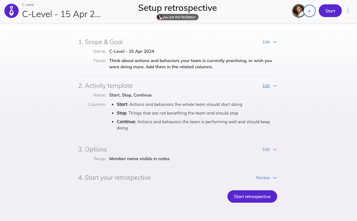 The setup screen for the facilitator showing 4 distinct steps to setup the retrospective meeting from setting Scope & goal, to customizing Activity template, then set Options, and finally Start the retrospective.